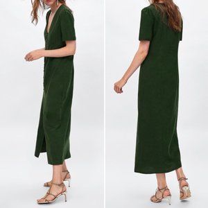 Zara Woman Cotton Linen Emerald Midi Dress